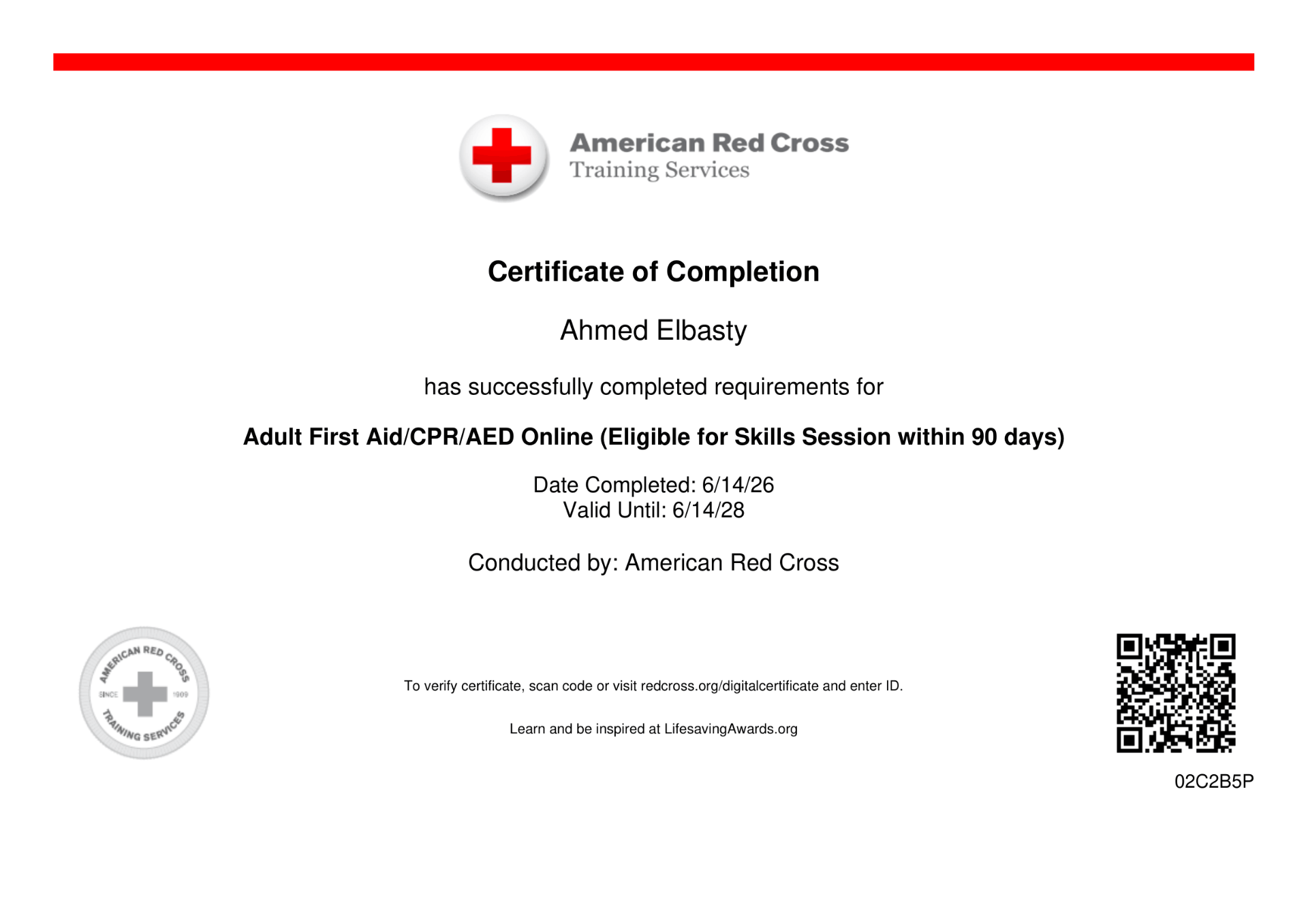 Adult First Aid/CPR/AED certificate
